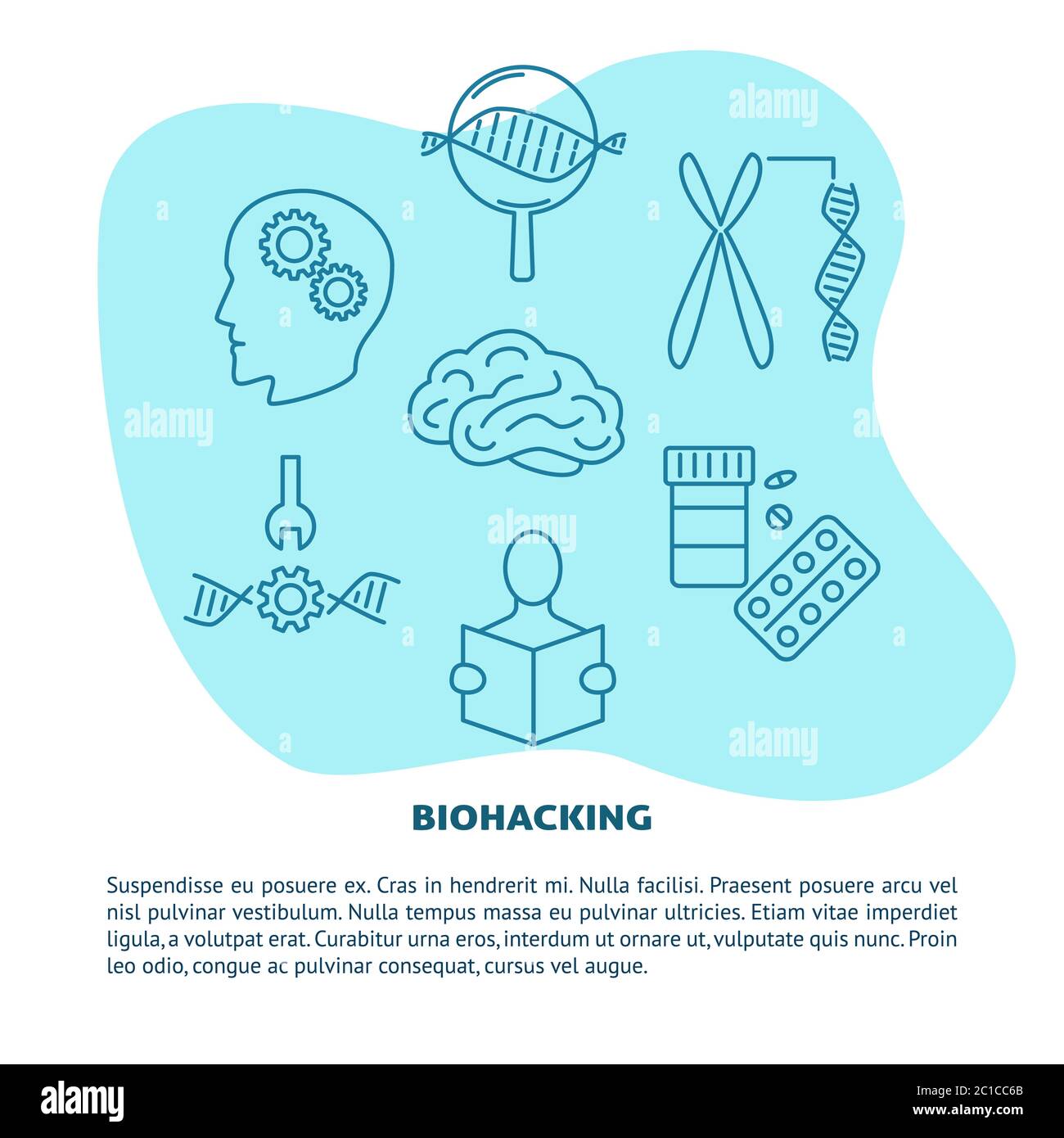 Biohacking Konzept Banner mit Symbolen in Linie Stil. DIY Biologie Thema Poster mit Platz für Text. Vektorgrafik. Stock Vektor