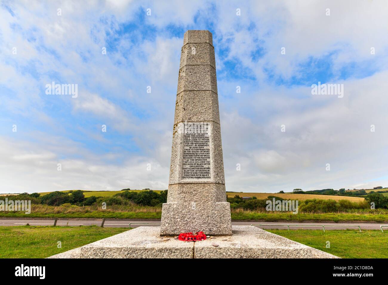 Das Denkmal der amerikanischen Armee zum Zweiten Weltkrieg am Strand von Slapton Sands, Devon, England Stockfoto