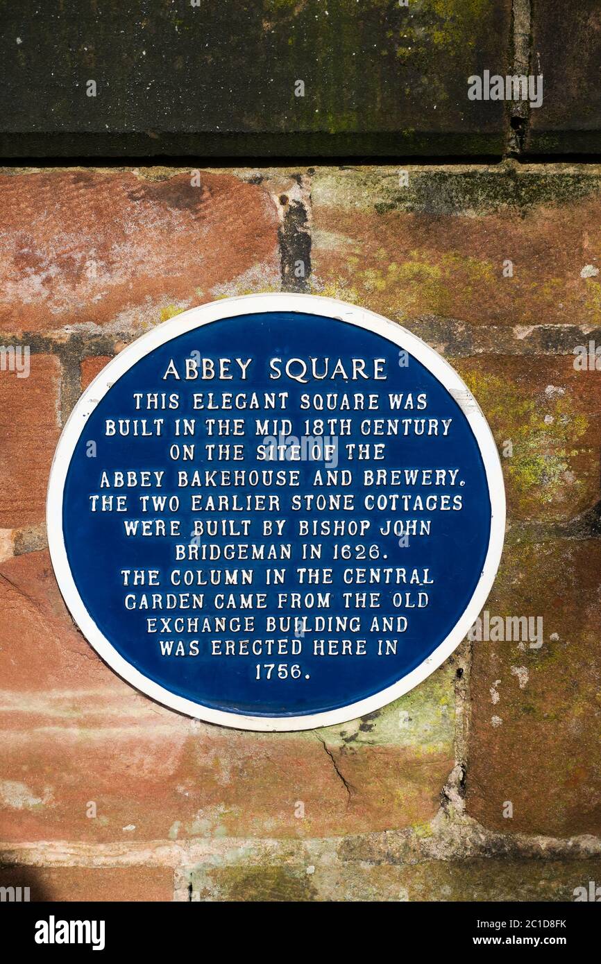 Abbey Square blaue Plakette in Chester, Großbritannien. Stockfoto