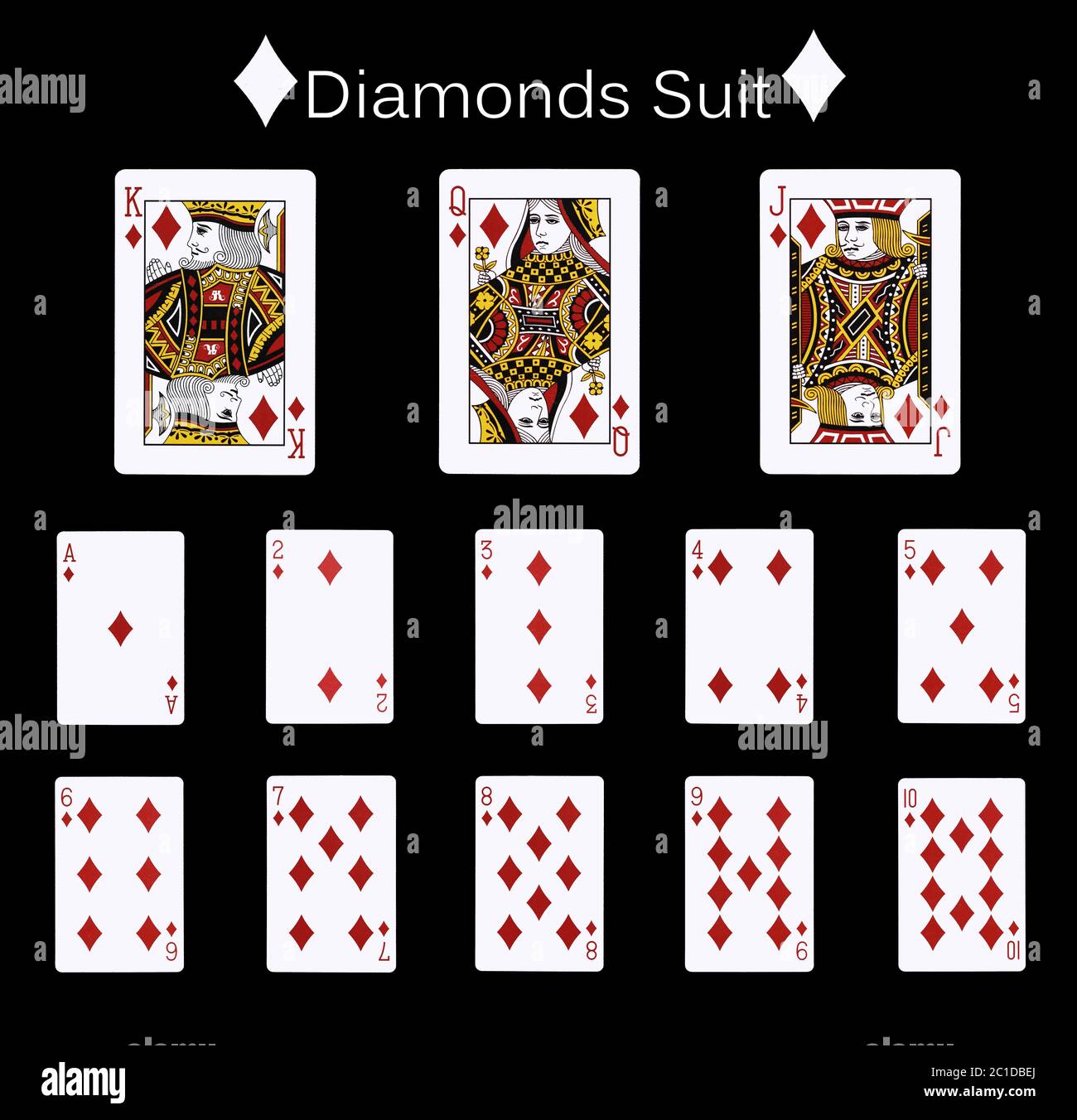 Spielkarten Diamanten Anzug. Flächen doppelt. Isoliert auf Schwarz Stockfoto