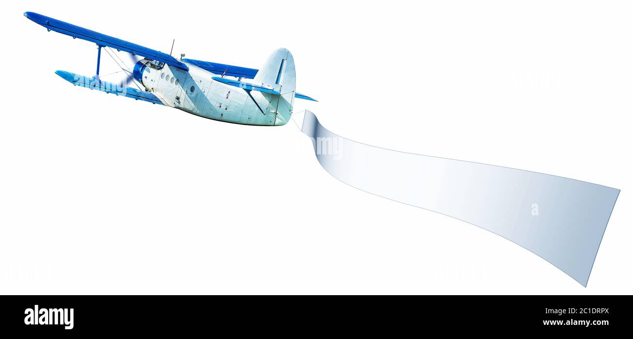 Flugzeug mit weißem Banner vor weißem Hintergrund Stockfoto