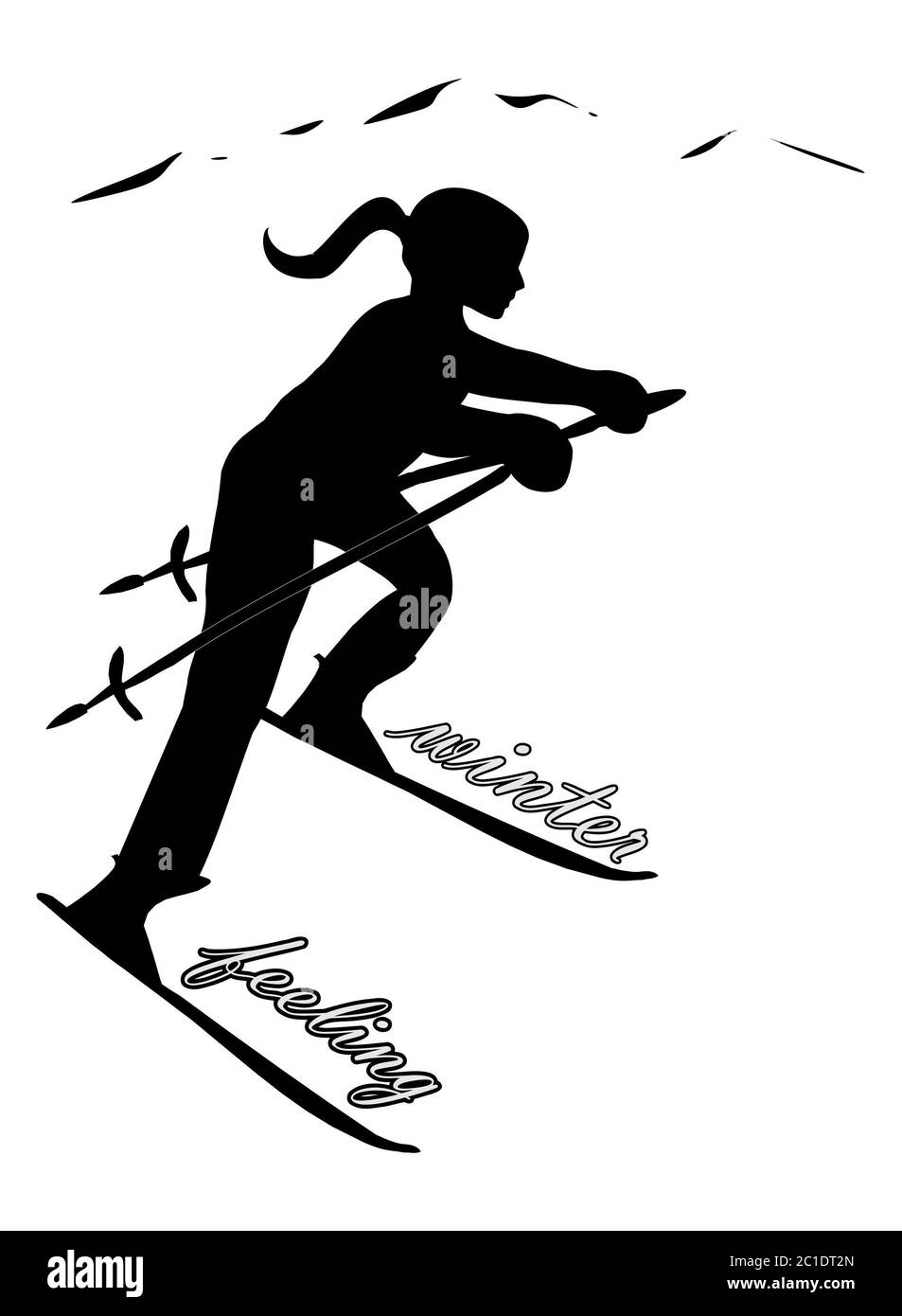 Winterfeeling - schwarz Silhouette der Skifahrerin - Illustration Stockfoto