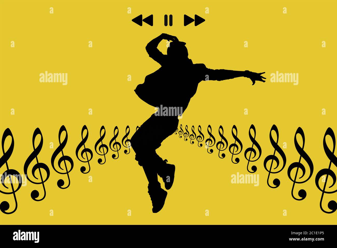 Eine tanzende schwarze Silhouette auf gelbem Hintergrund mit musikalischen Vibes. Stockfoto