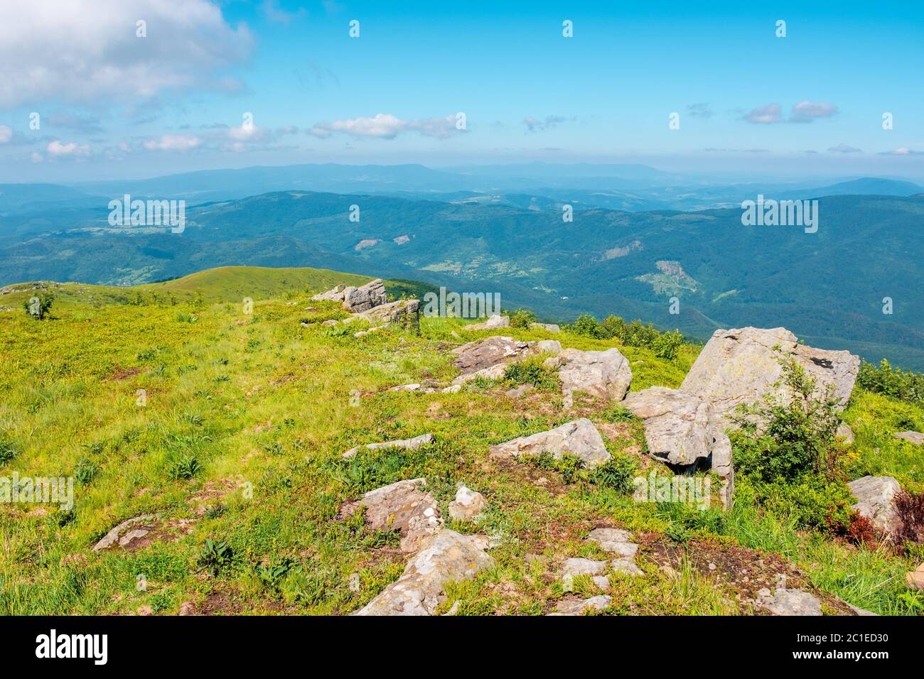 Bergsommerlandschaft. Wiese mit Steinen im Gras auf dem Hügel in der Nähe des Gipfels Stockfoto