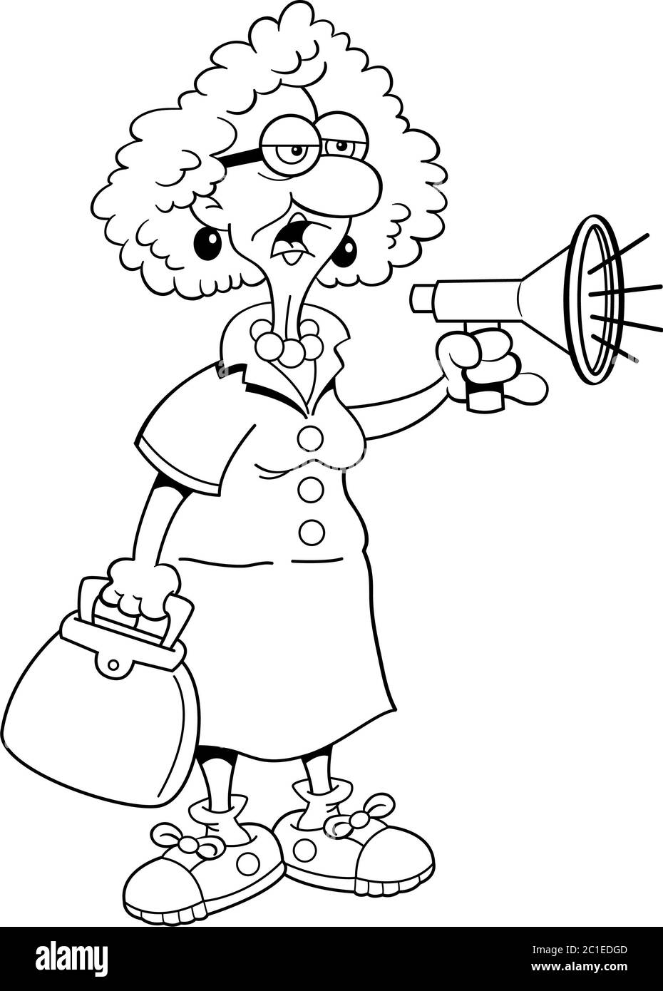 Schwarz-weiße Illustration einer alten Dame, die in ein Megaphon schreit. Stockfoto