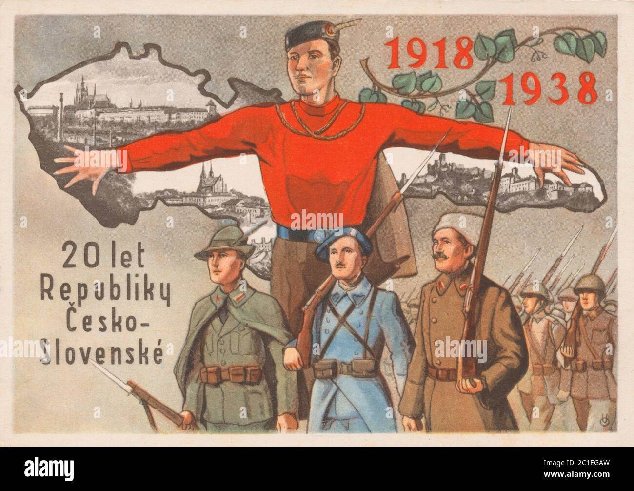 20. Jahrestag der Gründung der Tschechoslowakei. Postkarte von 1938 Stockfoto