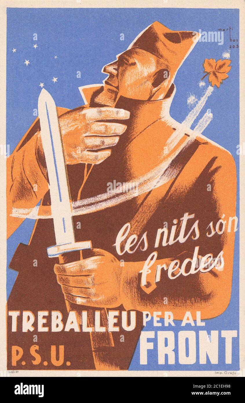 Spanischer Bürgerkrieg 1936/1939, katalanisches Propagandaplakat 'die Nächte sind kalte Arbeit für die Front' Stockfoto