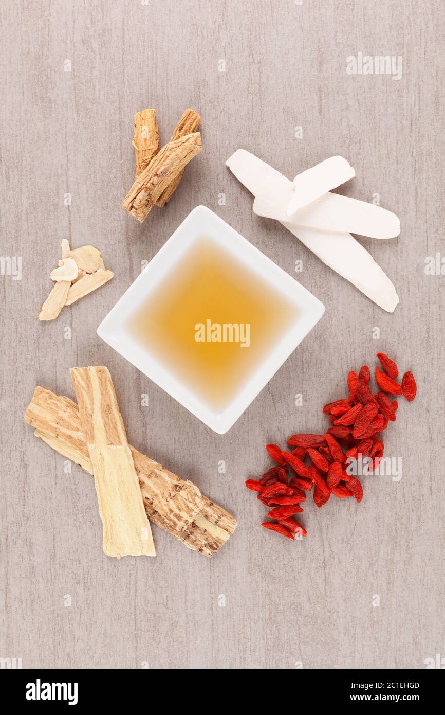 Chinesische Kräutermedizin Brühe mit Zutat. Stockfoto