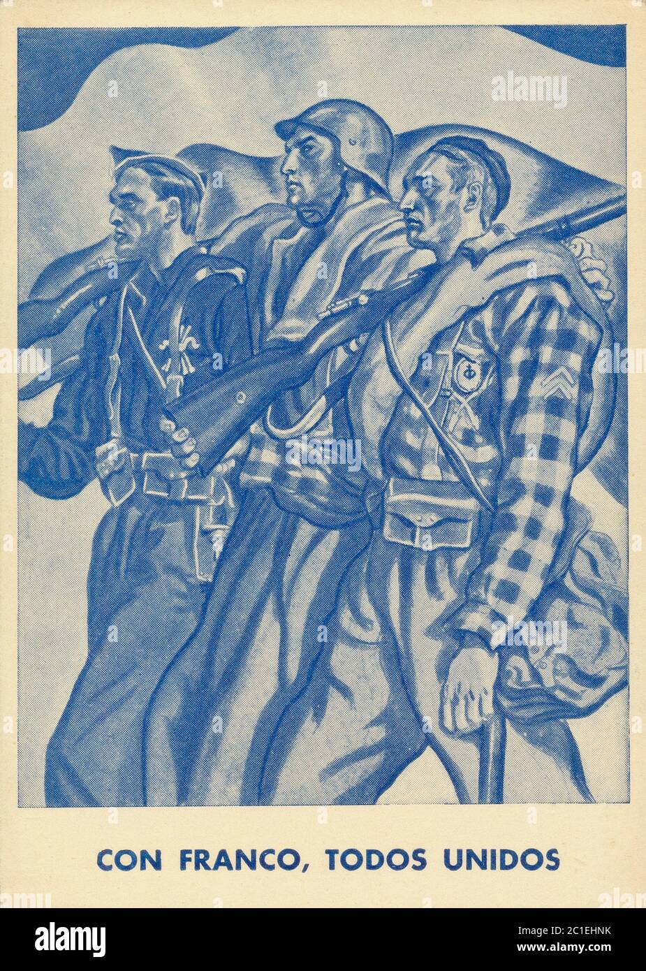 Spanischer Bürgerkrieg 1936/1939, nationalistische Propagandakarte 'mit Franco, Alle vereint' Stockfoto