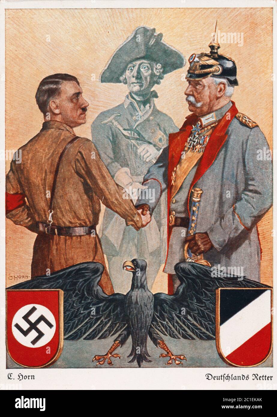 NSDAP Propaganda Farbkarte 'Deutschlands Erlöser' mit Illustration Hitler und Hindenburg bei Handschlag, im Hintergrund Friedrich II., im Vordergrund Stockfoto