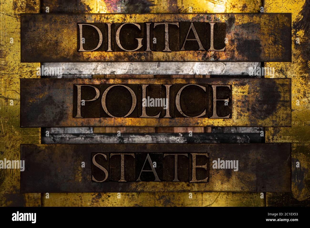 Digital Police State Text mit echten authentischen Buchstaben auf vintage texturierten Silber Grunge Kupfer und Gold Hintergrund gebildet Stockfoto