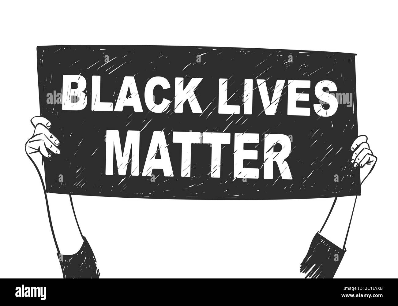 Schwarze Leben Materie Protest Banner Hände halten. Menschenrecht der Schwarzen in den USA. Vektorskizze, handgezeichnete Illustration Stock Vektor