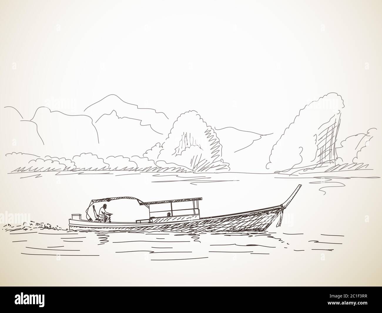Skizze des langen Schwanzbootes, handgezeichnete Illustration Stock Vektor