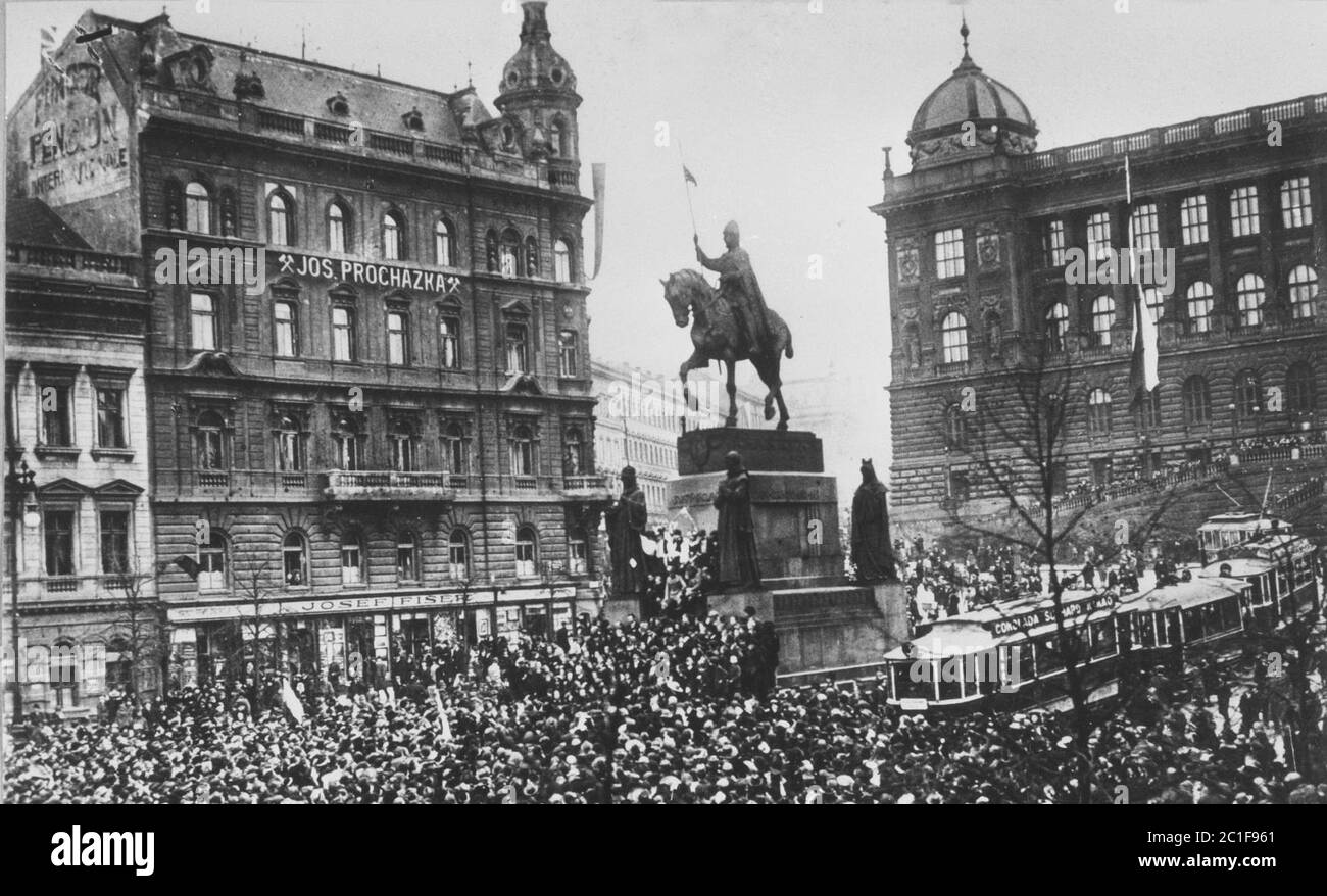 Wenzelsplatz in Prag im Oktober 28, 1918. Erklärung der Unabhängigkeit der Tschechoslowakei. Stockfoto