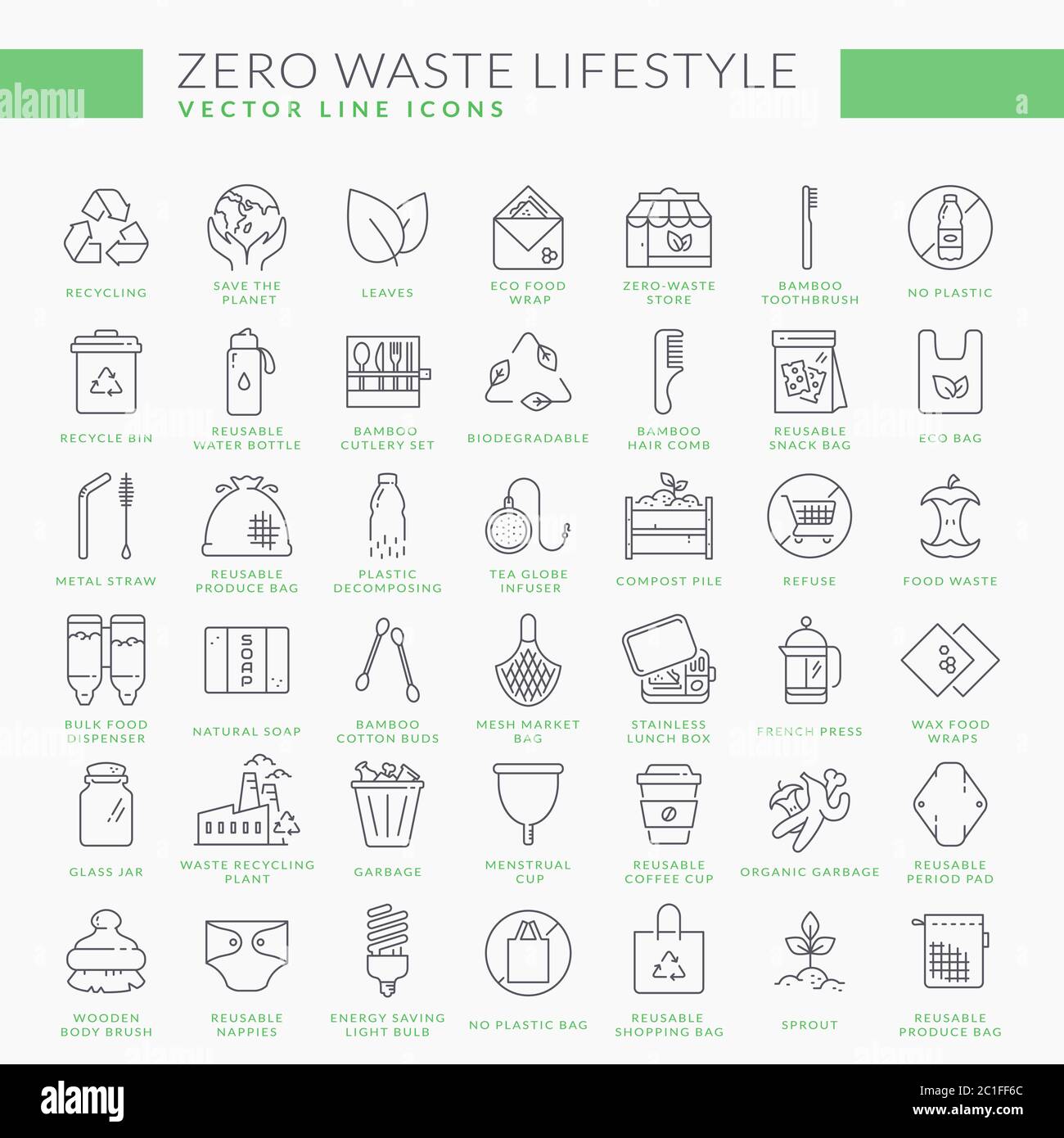 Null-Abfall-Linien-Symbole. Auf weißem Hintergrund isolierte Kontursymbole. Recycling, wiederverwendbare Artikel, plastikfrei, Save the Planet und eco Lifestyle Themen Stock Vektor