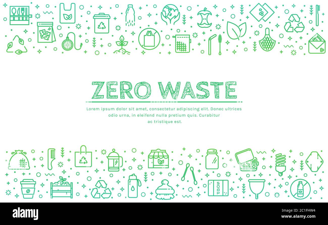 Zero Waste Banner. Recycling, wiederverwendbare Artikel, Kunststoff frei, speichern Sie den Planeten und Öko-Lifestyle-Themen. Vektor horizontaler Hintergrund mit Platz für Text Stock Vektor