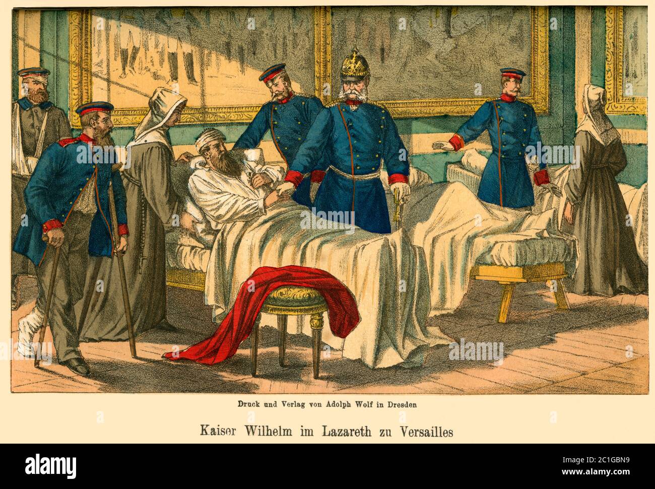 Europa, Deutschland, Frankreich, Versailles, Deutsch-Französischer Krieg , 1870-1871, Originaltext : ' Kaiser Wilhelm im Lazarett zu Versailles ' , Motiv aus dem Buch : ' die Kriegs-Chronik von 1870-1871 ' von Franz Lubojatzky , Druck und Verlag von Adolph Wolf, Dresden, 1874 ? . / Europa, Deutschland, Frankreich, Frankreich, Frankreich-Prusions-Krieg, Versailles, 1870-1871, Originaltext "der deutsche Kaiser Wilhelm I. im Militärkrankenhaus in Versailles", Bild aus dem Buch: Die Kriegs-Chronik von 1870-1871 , von Franz Lubojatzky, Verlag Adolph Wolf, Dresde Stockfoto