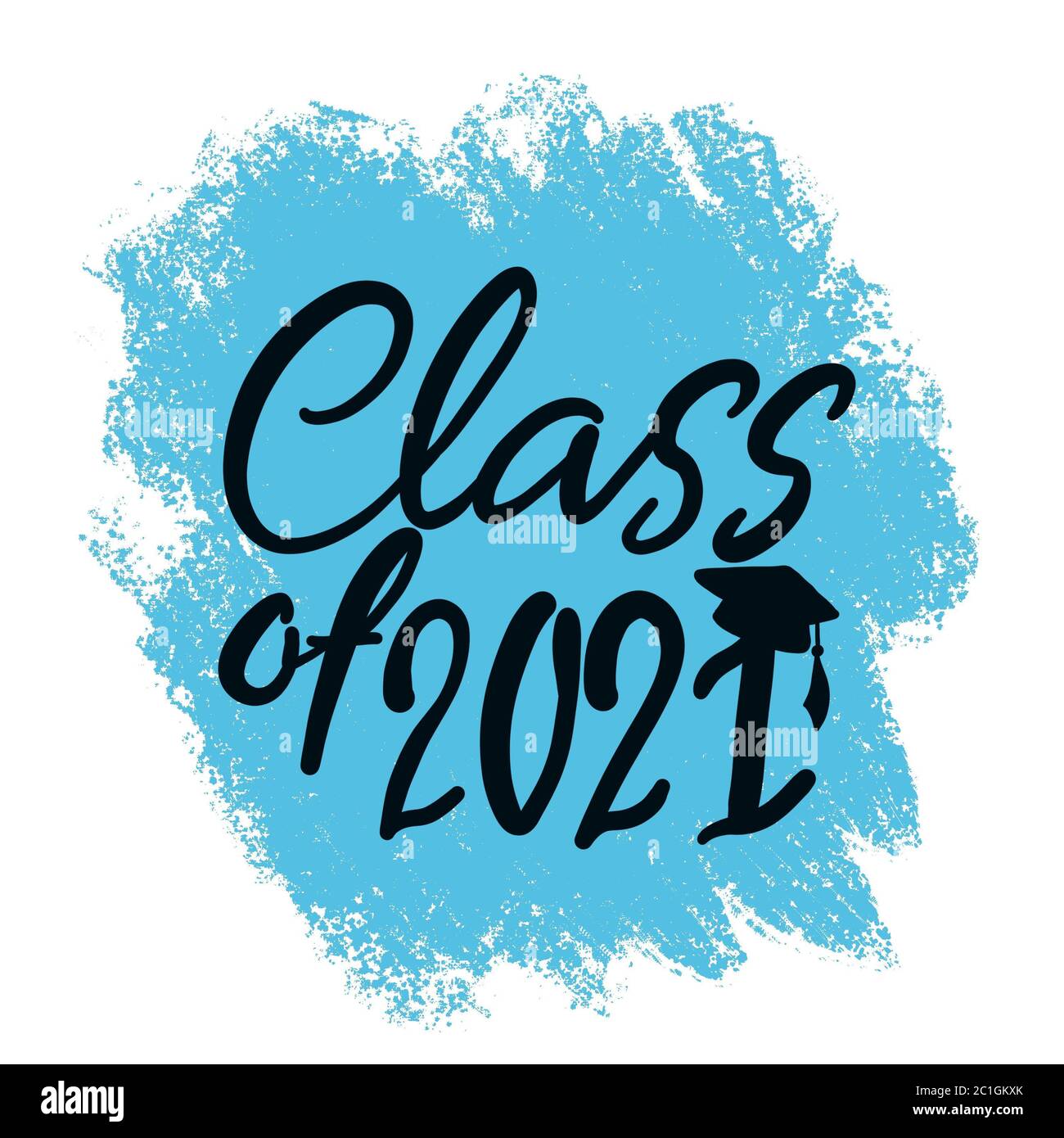 Klasse von 2021 handgeschrieben mit Graduation Cap isoliert auf weiß. Hochwertige Illustration Stockfoto