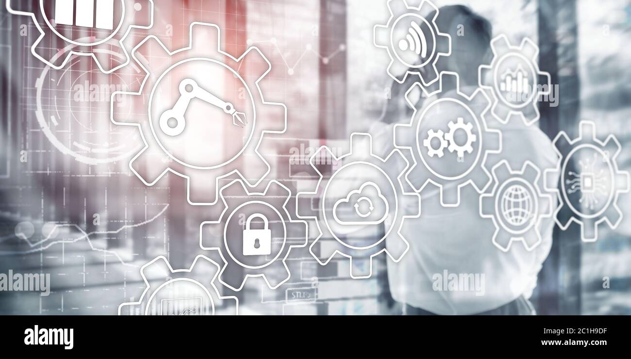 Business Process Automation Smart Industrie Künstliche Intelligenz. Zahnräder Mechanismus mixed Media. Stockfoto
