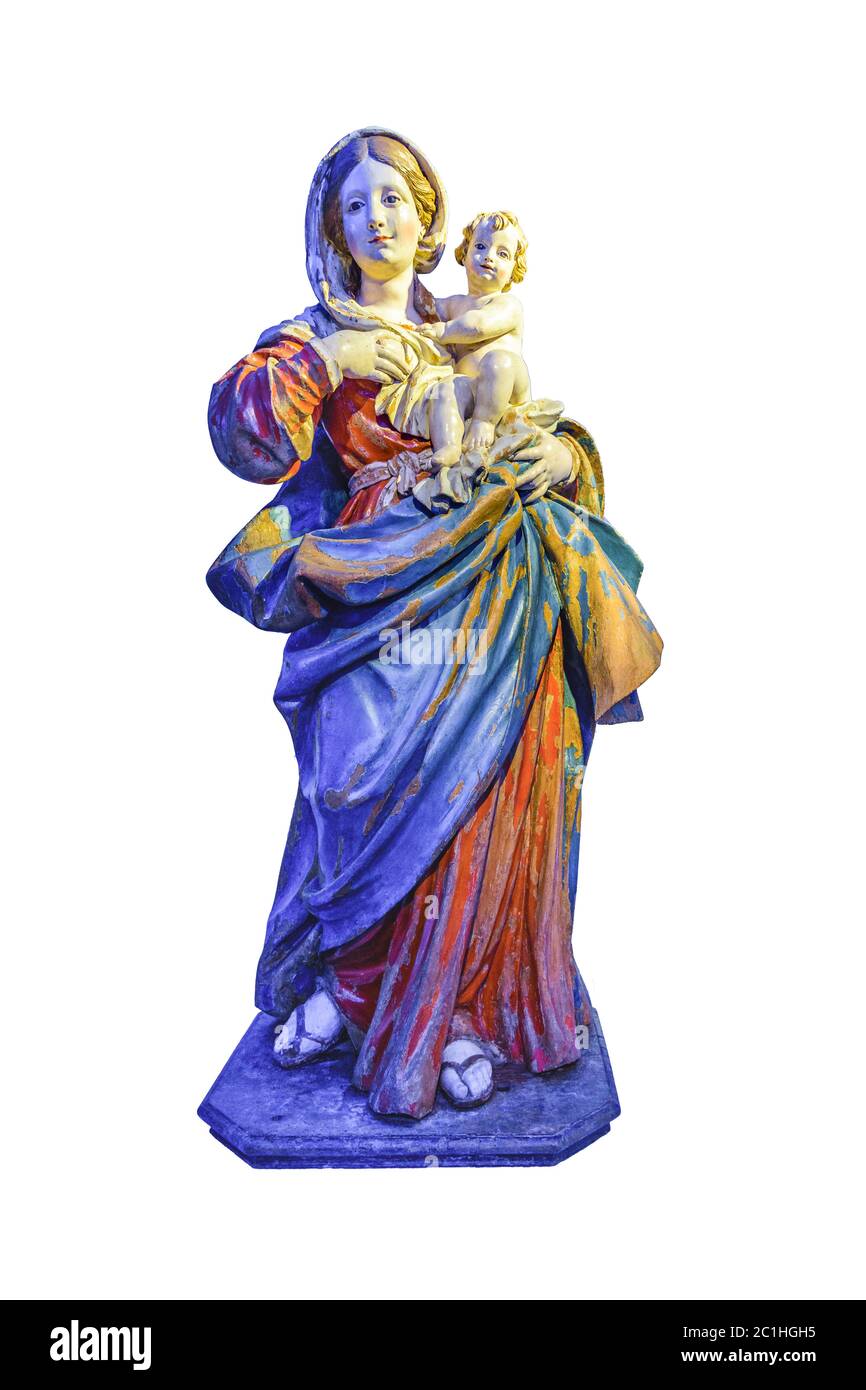 Ganzkörper Heilige Frau und Baby Skulptur isoliert Stockfoto
