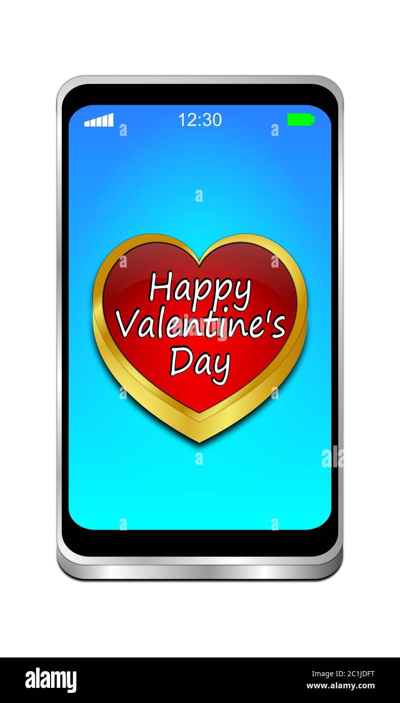 Smartphone mit Happy Valentine's Day auf blauem Desktop - 3D-Illustration Stockfoto