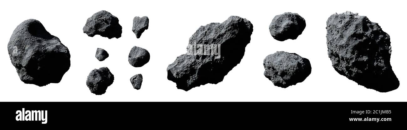 Satz von Asteroiden auf weißem Hintergrund Stockfoto
