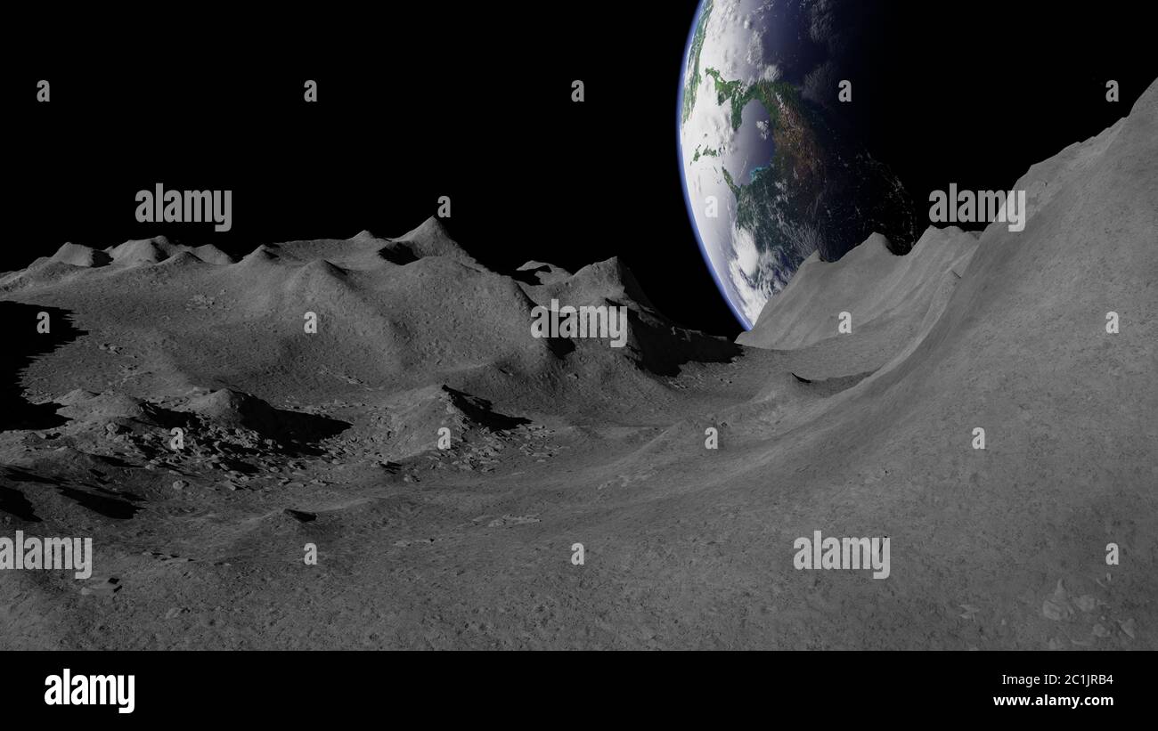 Mond Oberfläche, Mondlandschaft mit dem Planeten Erde am Horizont Stockfoto