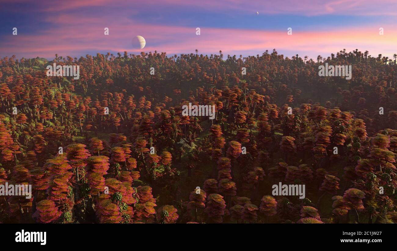 Alien Planetenlandschaft, exotischer Wald auf einer fernen Welt Stockfoto