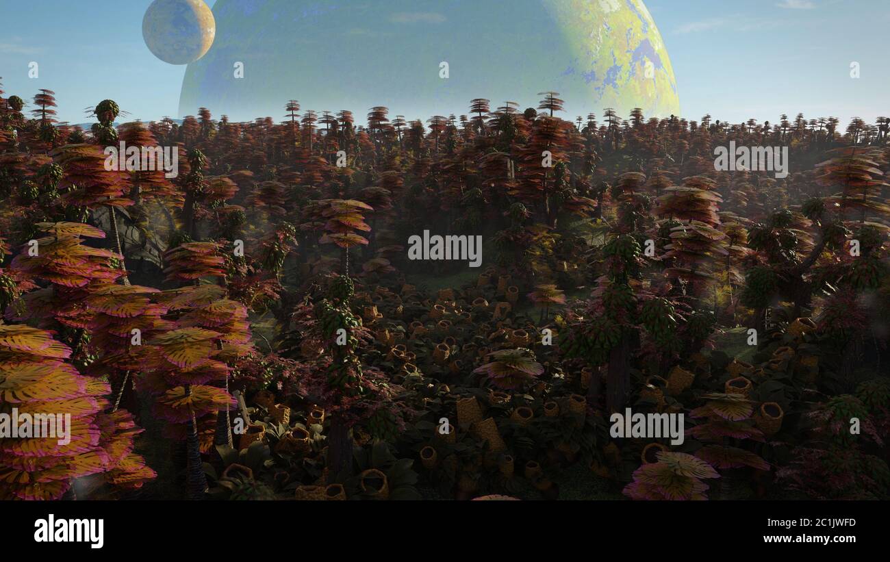 Alien Planetenlandschaft, schöner exotischer Wald auf einer fernen Welt Stockfoto