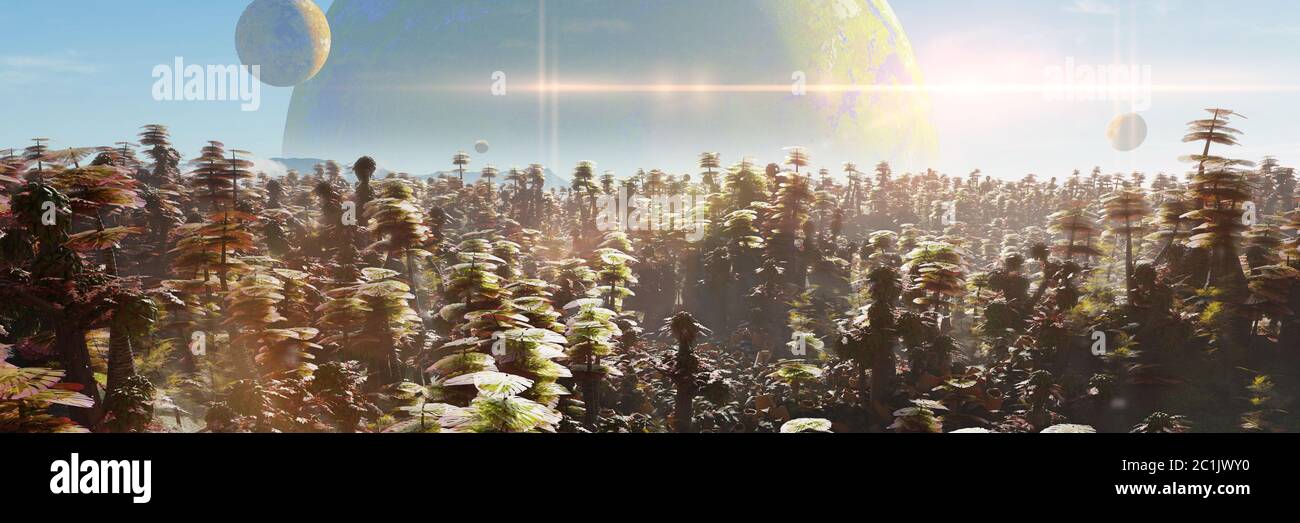 Exoplanet Landschaft, schönen Wald auf einer fremden Welt Stockfoto