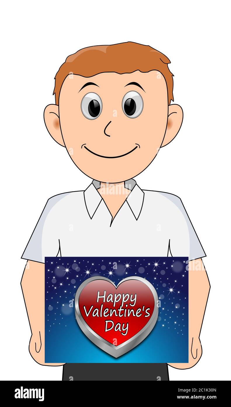 Junger Mann hält mit weißem Hemd ein Happy Valentine's Day Karte â €" Illustration Stockfoto