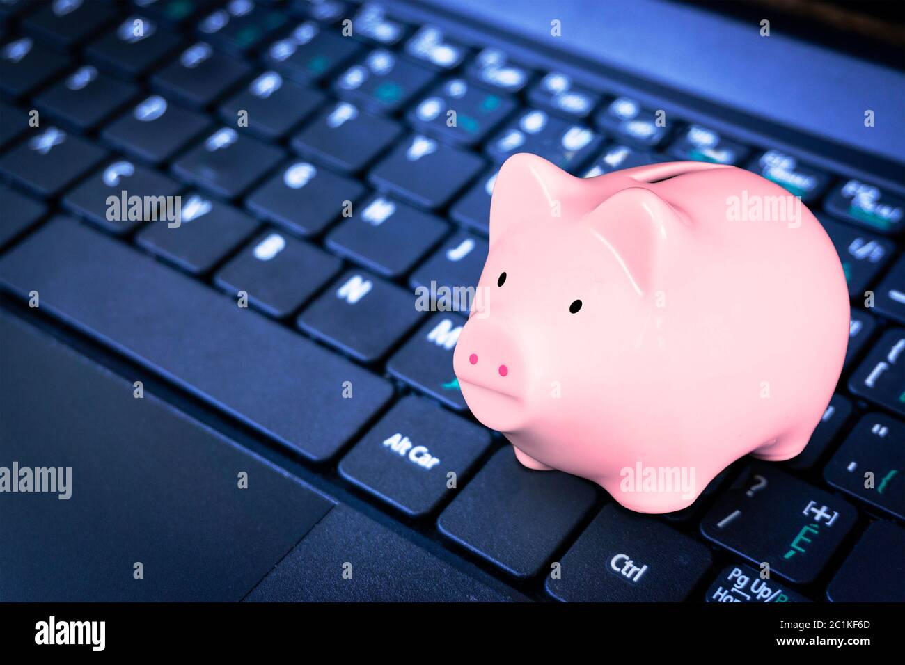 Pink Sparschwein auf der Computertastatur, um die Einsparungen bei der Technologie zu veranschaulichen. Finanz-, Online-Banking und Economy-Konzept. Stockfoto
