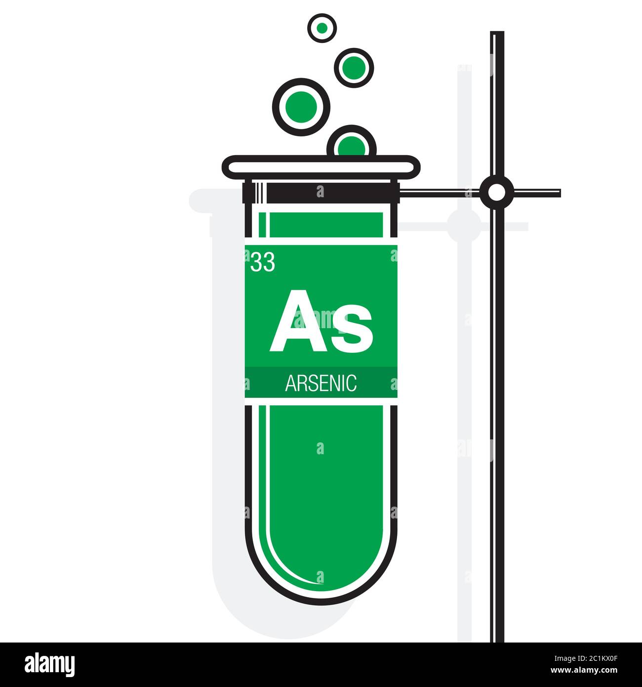 Arsen-Symbol auf dem Etikett in einem grünen Reagenzglas mit Halter. Elementnummer 33 des Periodensystems der Elemente - Chemie Stock Vektor