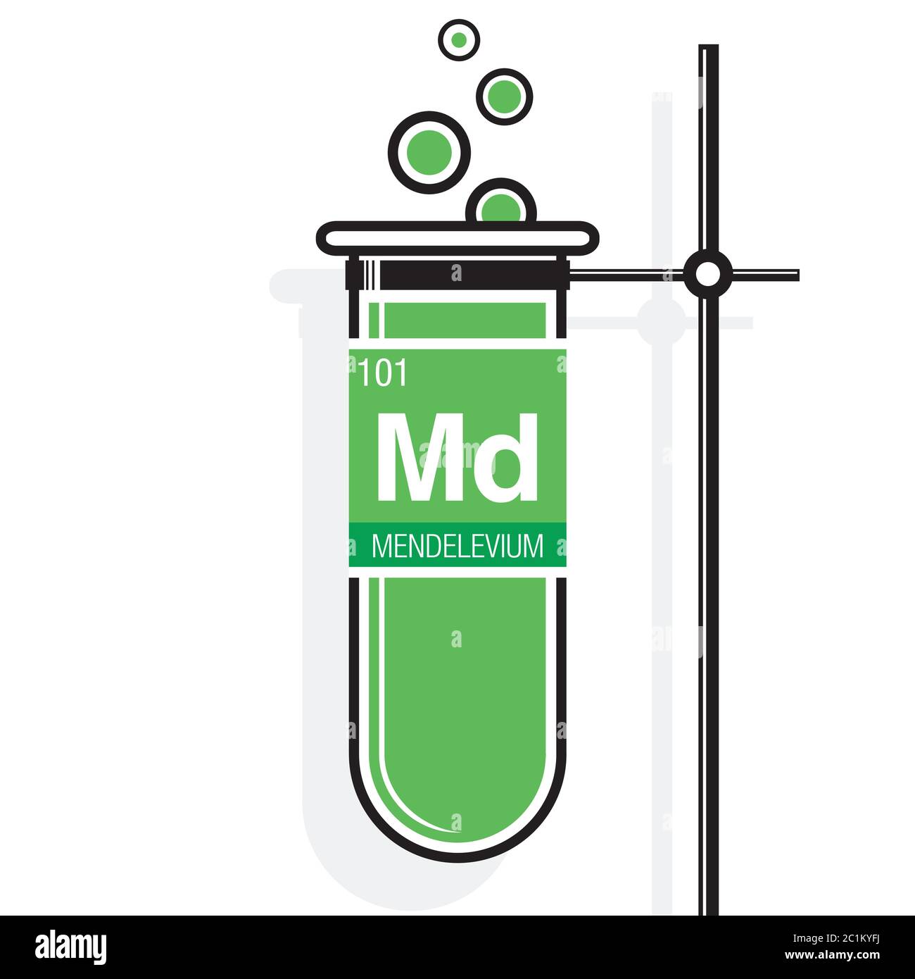 Mendelevium-Symbol auf dem Etikett in einem grünen Reagenzglas mit Halter. Elementnummer 101 des Periodensystems der Elemente - Chemie Stock Vektor