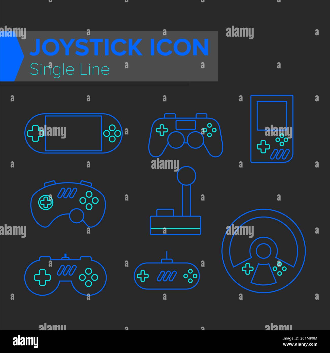 Videospiel-Ausrüstung wie Joysticks, Lenkrad und klassische Controller. Digitale Gaming-Grafik-Ressourcen in zwei Farben. Stock Vektor
