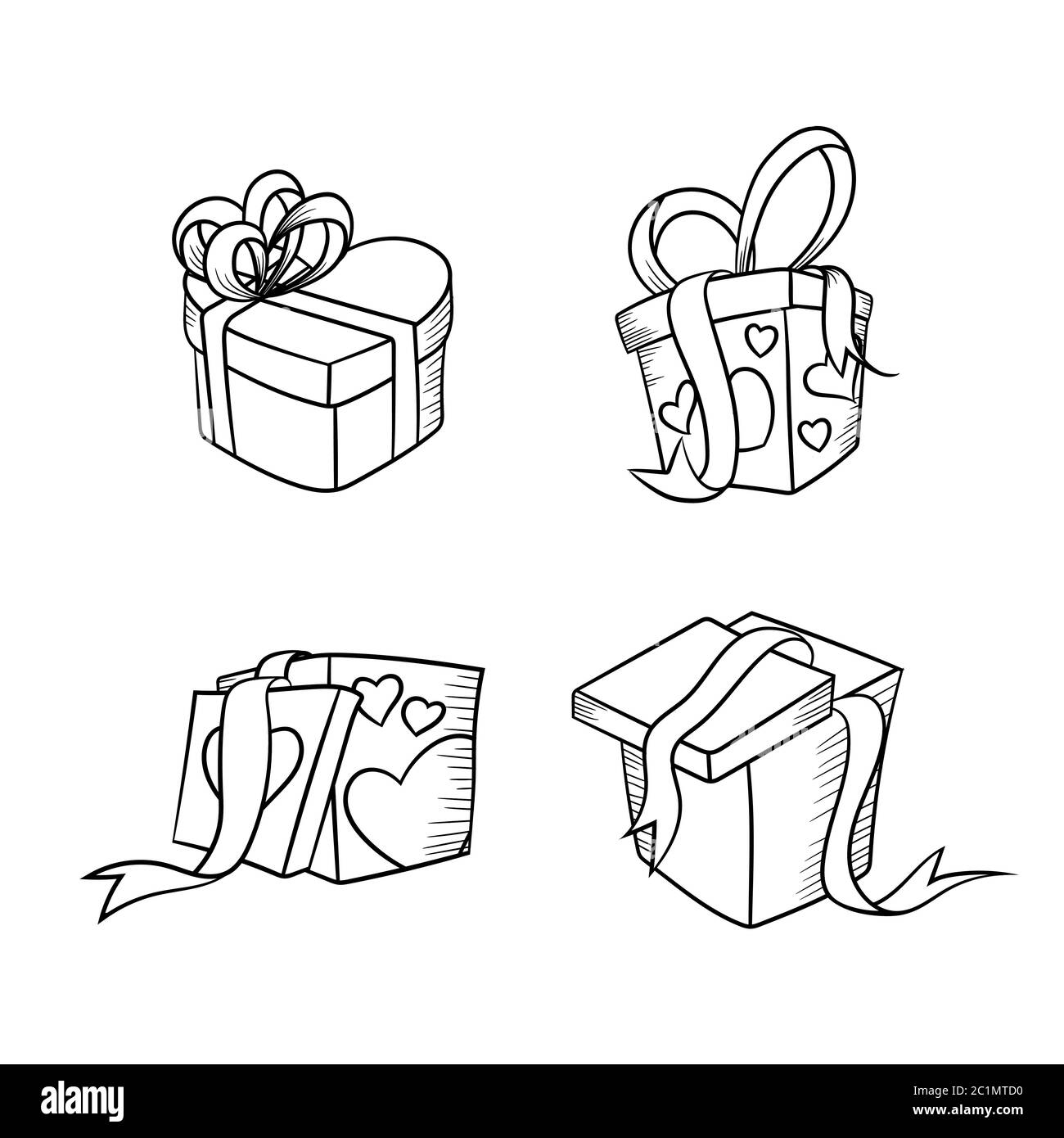 Handzeichnung Symbol aus einer Geschenkbox. Geschenkkollektion mit Bordüren im Cartoon-Stil in Schwarz und Weiß. Geschenkbox mit grafischer Ressource. Stock Vektor