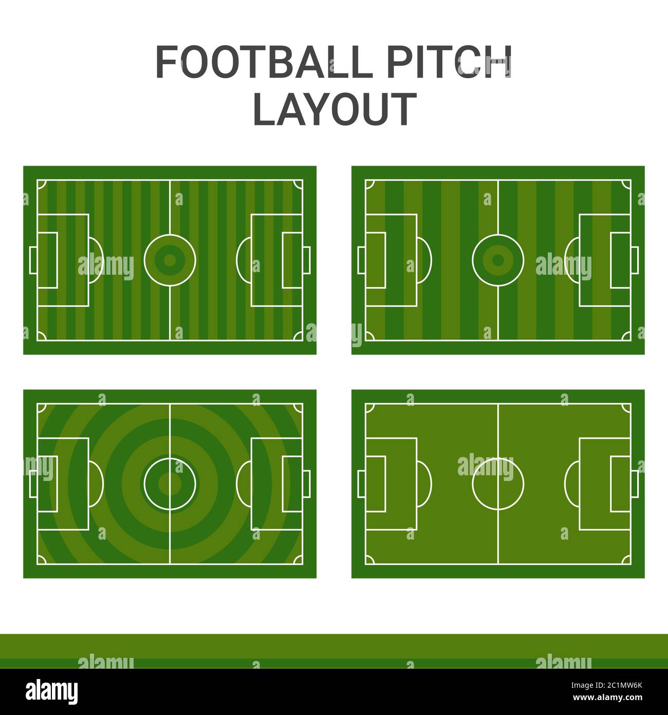 Illustration eines Fußballfeldes mit einer Vielzahl von Grasmustern. Ein Fußballfeld mit Strafraumdose, Mittellinie und Eckpfiff. Stock Vektor