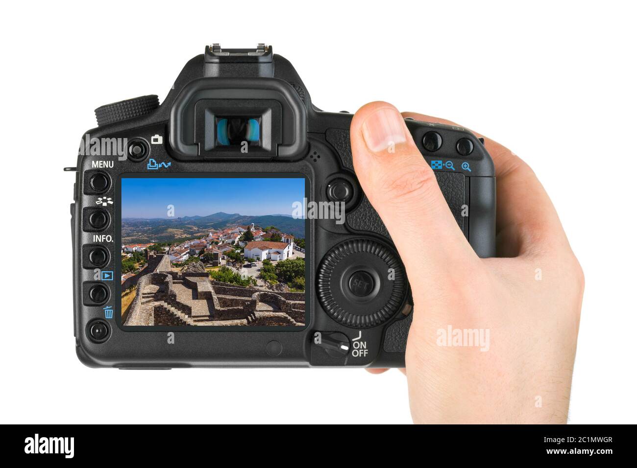 Hand mit Kamera und Festung im Dorf Marvao - Portugal (mein Foto) Stockfoto