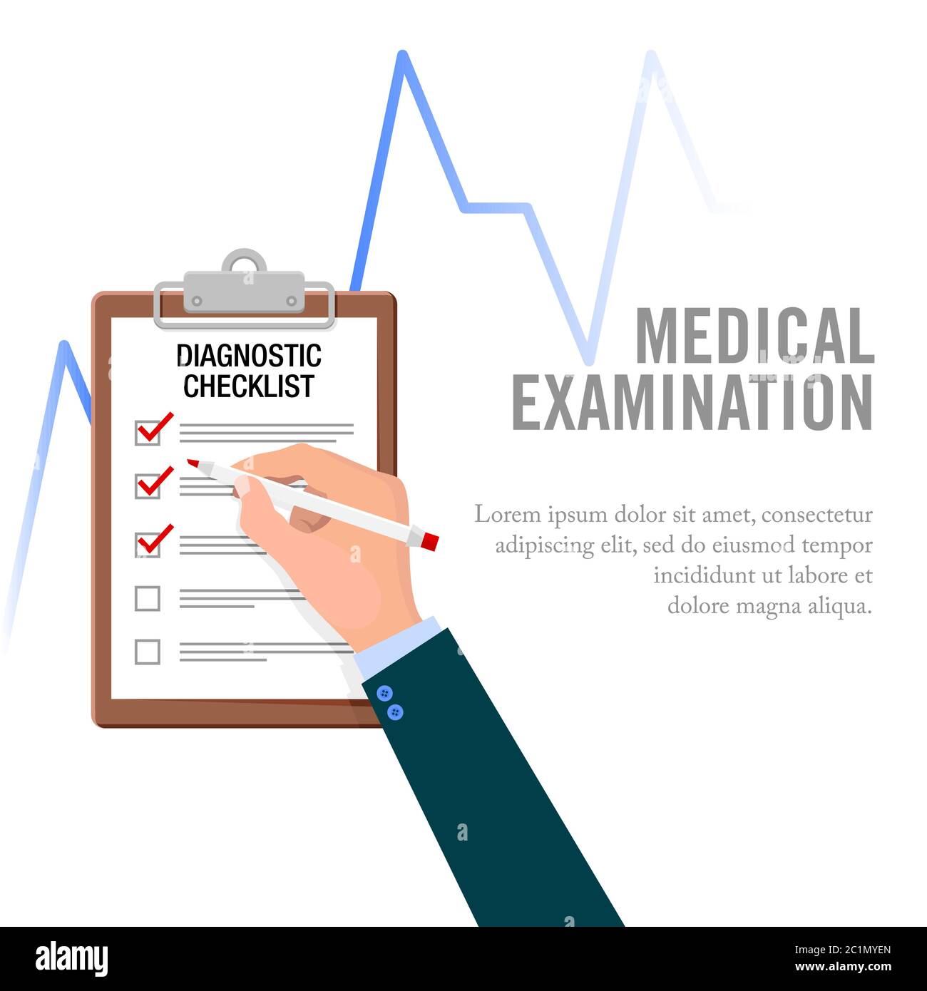 Vektor-Illustration der Gesundheits-Checkliste Inspektionsaktivitäten. Geeignet für Designvorlagen für Gesundheitstests, Krankheitssymptome und Gesundheitsanforderungen Stock Vektor
