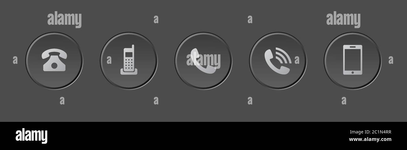 Basissymbol der Schaltflächengruppe des Geräts für die Kommunikationstechnik. Moderne geprägte Telefon-Taste klicken. Telefon Grafik Element in dunklem Thema. Stock Vektor