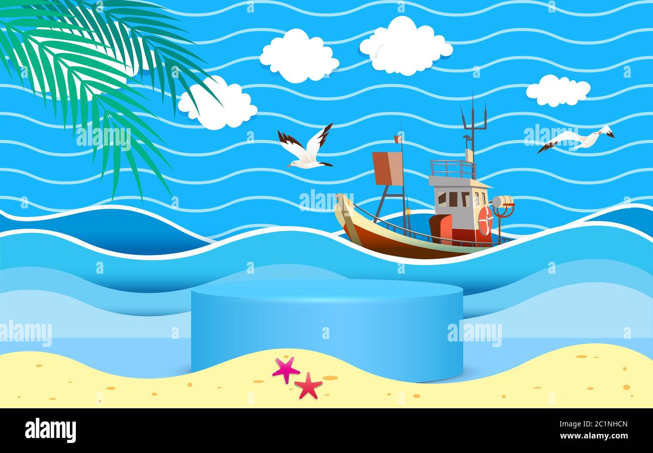 Blaues Podium mit dem Strand Hintergrund Stock Vektor