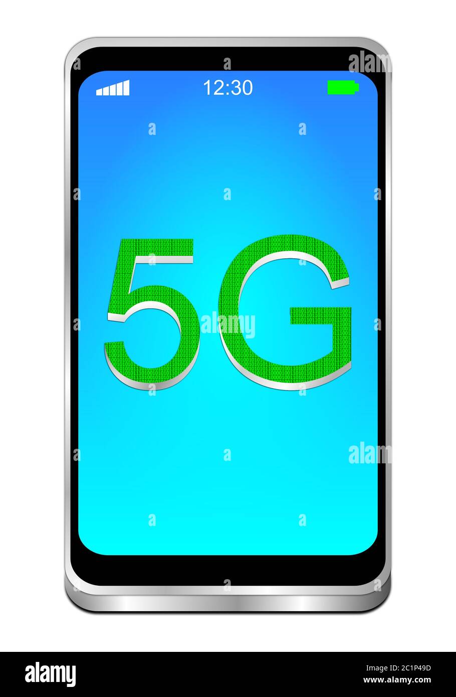 Smartphone mit grünem 5G auf blauem Desktop - 3D-Illustration Stockfoto