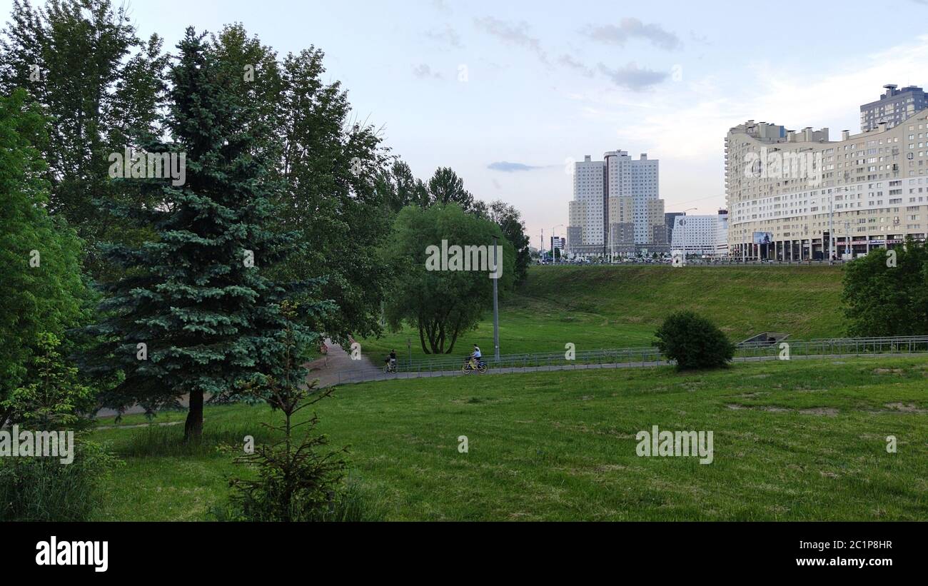 Schönen park Szene in öffentlichen Park mit grünem Gras Feld, grünen Bäumen und einer Partei bewölkt blauer Himmel Stockfoto