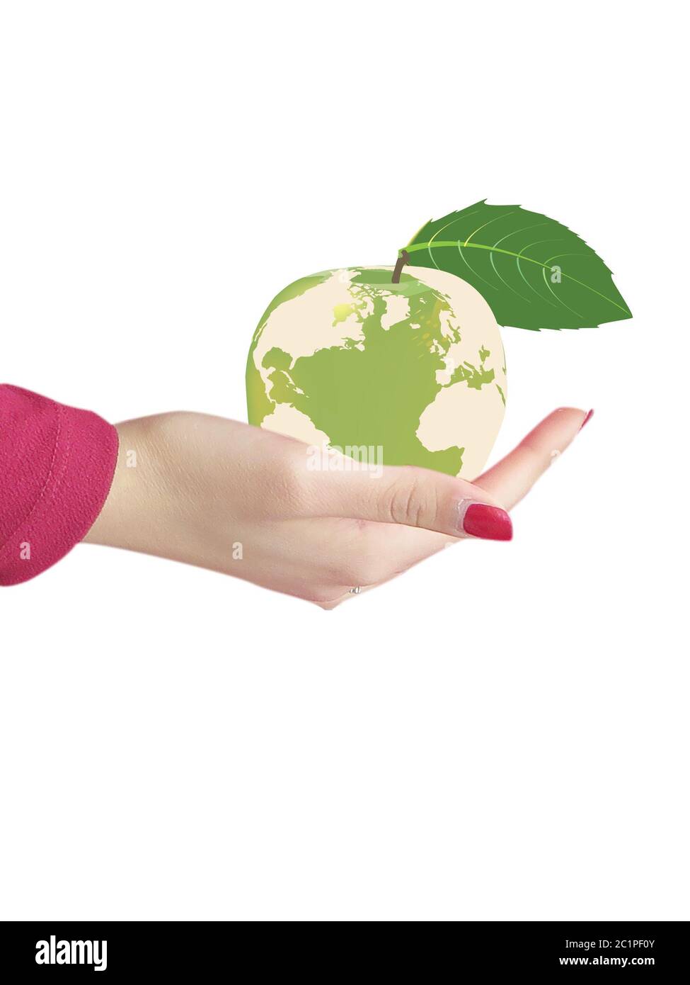 Weibliche Hand mit grünem Apfel mit Fußabdruck Stockfoto