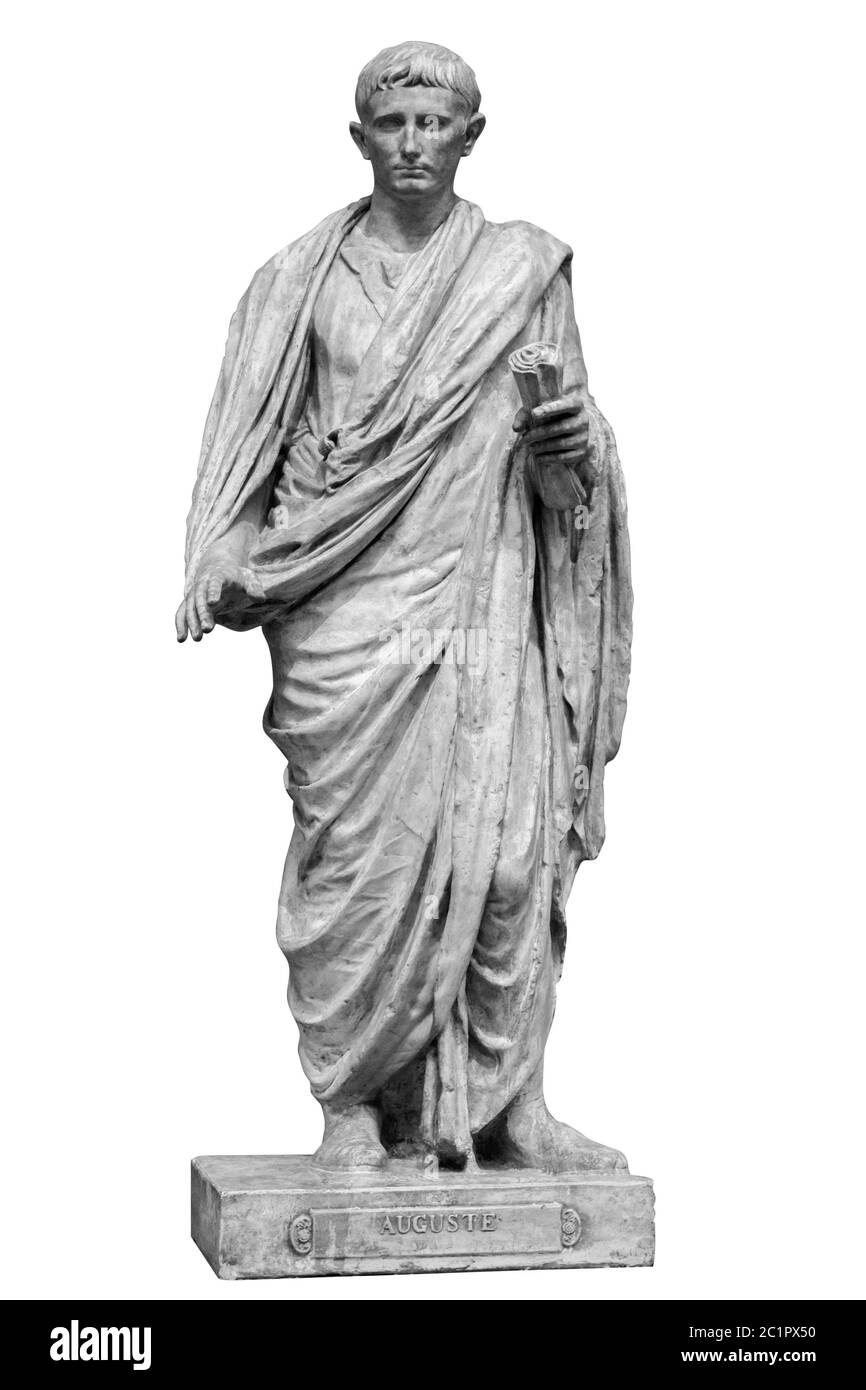 Caesar Octavianus Augustus der römische Kaiser adoptierte Sohn von Julius Caesar. Isolierte Statue auf weiß Stockfoto