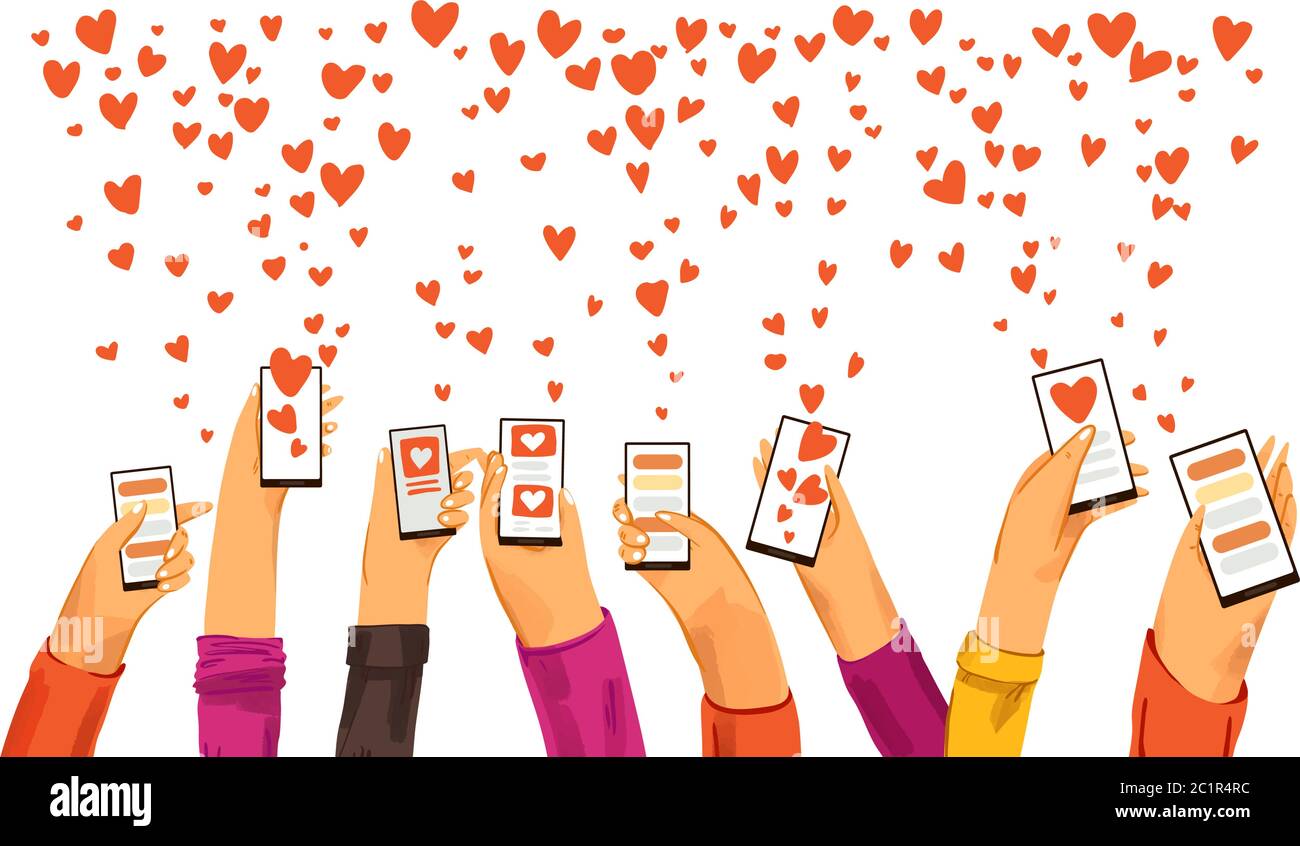 Menschliche Hände mit Smartphone Dating App aufgefahren, auf der Suche nach Liebe und romantische Veranstaltung oder Datum, Senden von Liebe und wie Zeichen. Dating-App, Online-Chat Stock Vektor