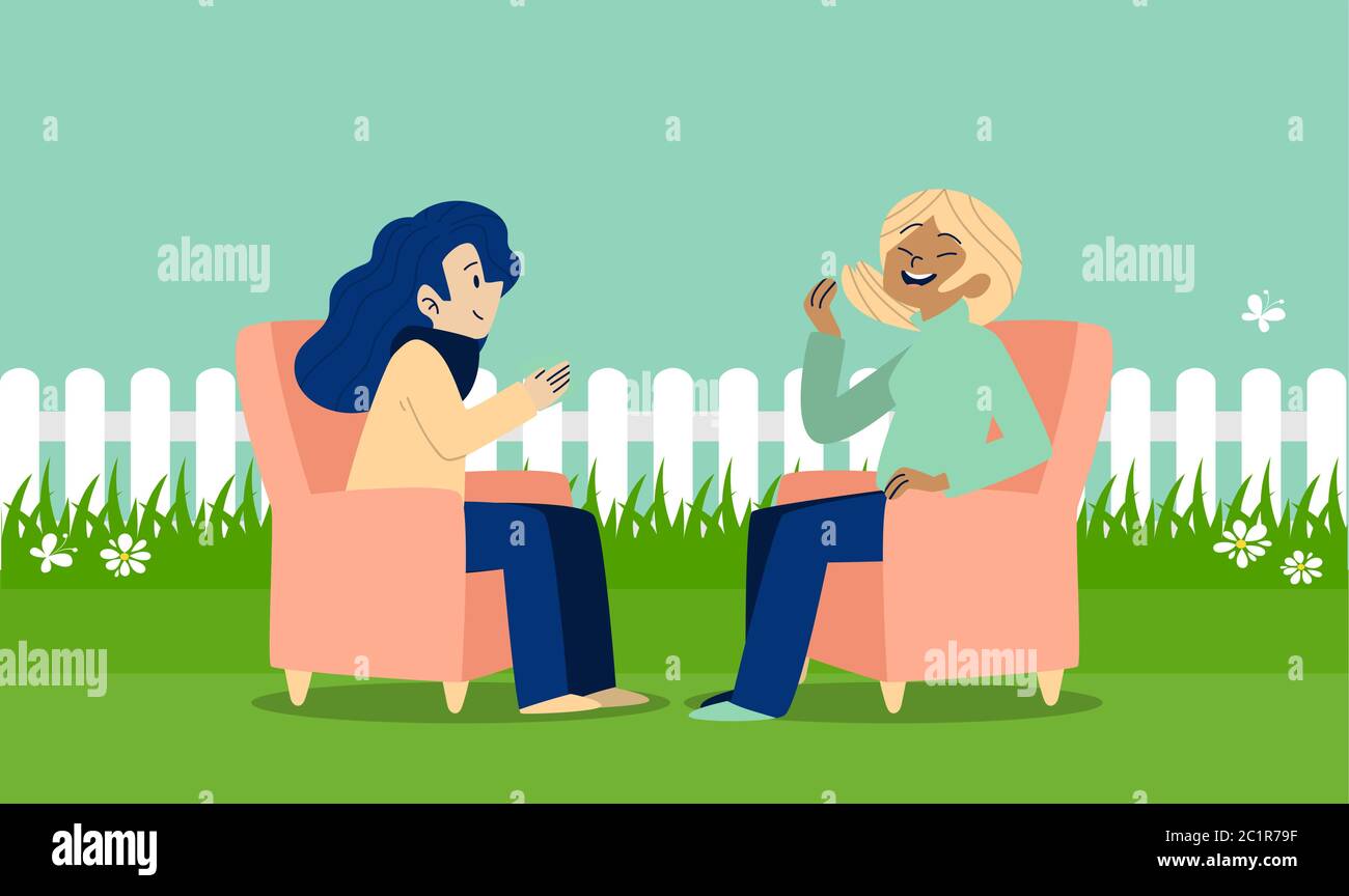 Mädchen sitzen in einem Garten und reden miteinander Stock Vektor