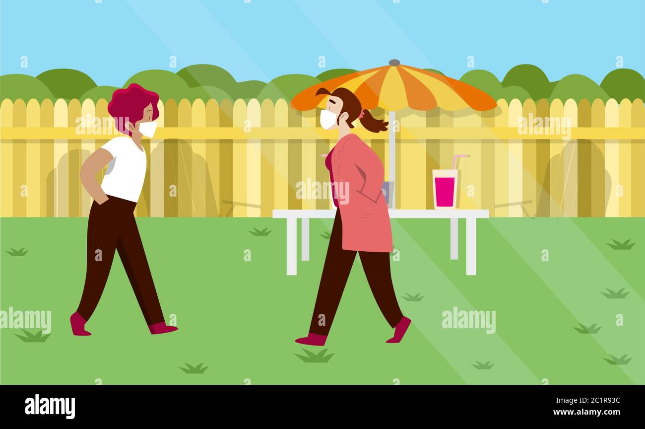 Zwei Mädchen treffen sich und unterhalten sich im Garten Stock Vektor