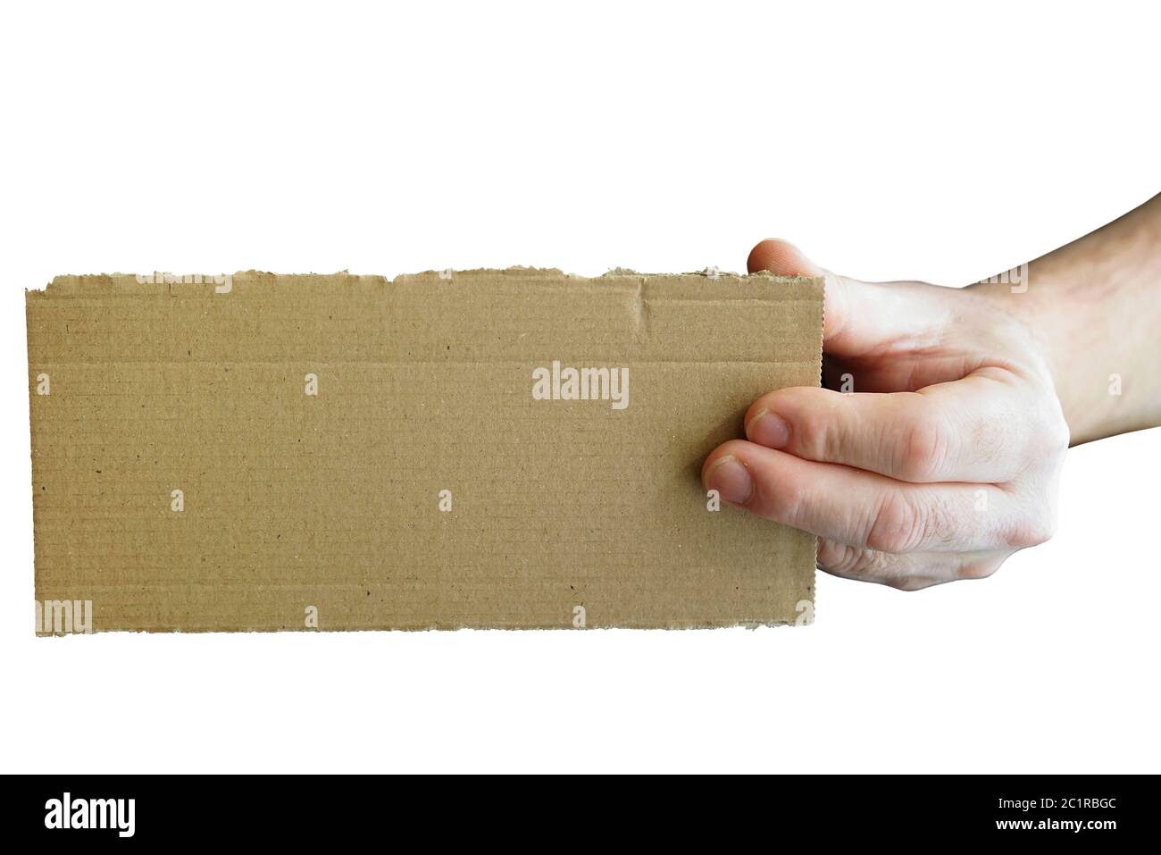 Eine Hand mit einem Karton Schild mit weißem Hintergrund und Kopieren Stockfoto