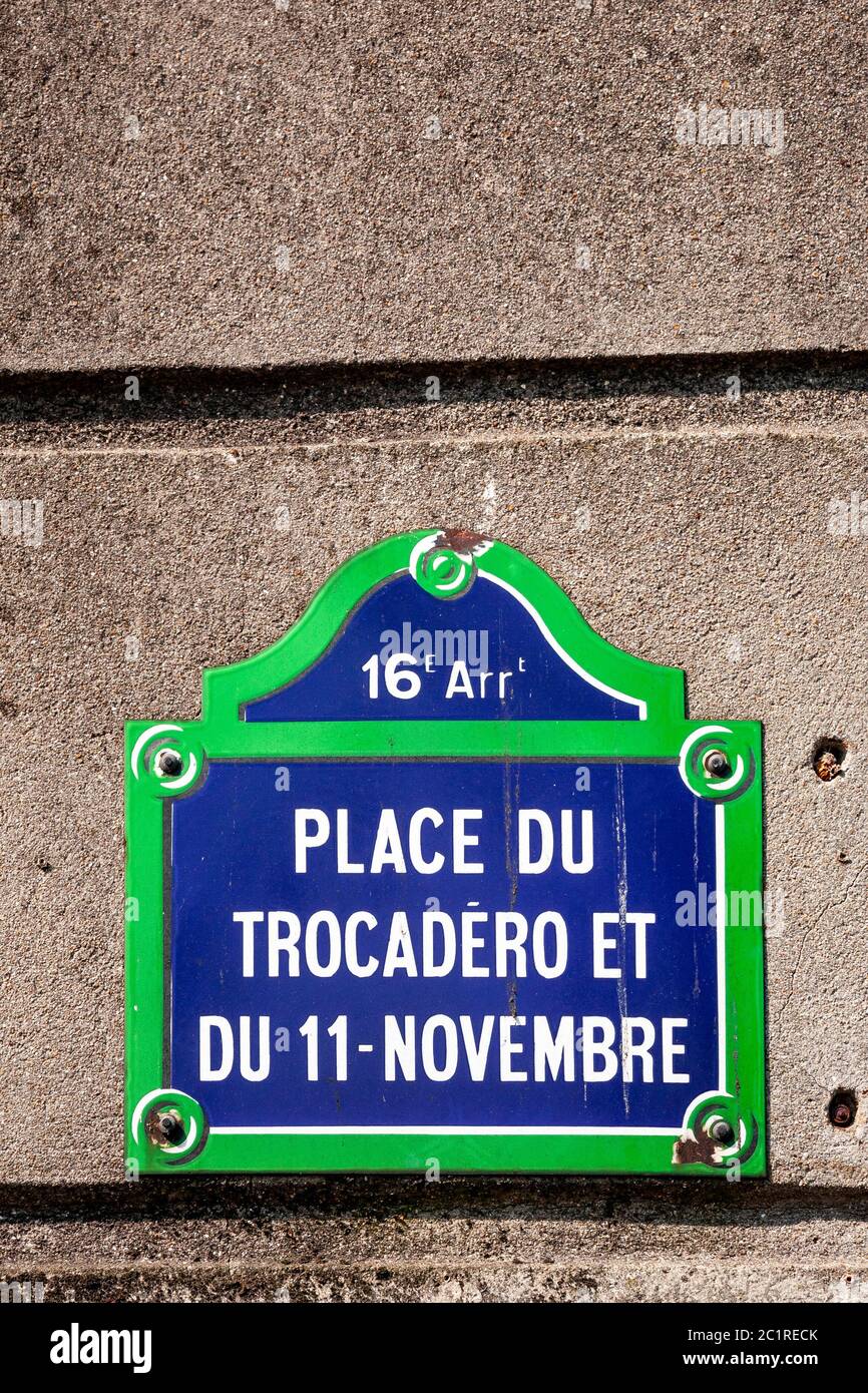 Place du Trocadero Straßenschild, Paris, Frankreich Stockfoto